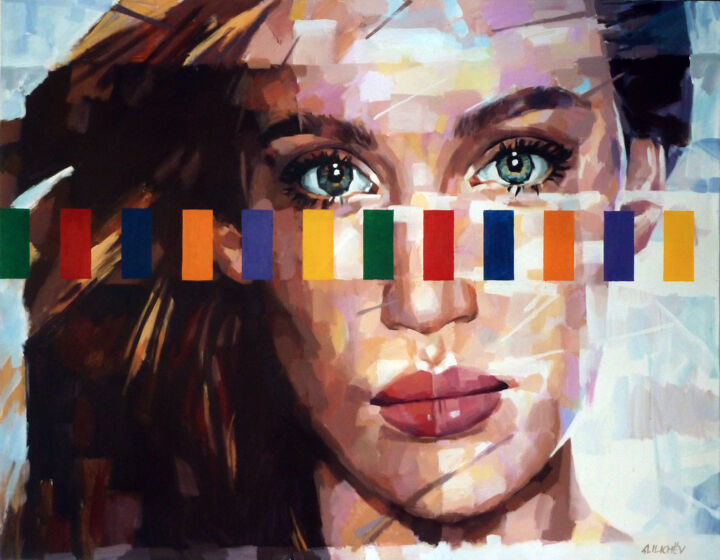 Pintura intitulada "PORTRAIT WITH PIXELS" por Aleksandr Ilichev, Obras de arte originais, Acrílico