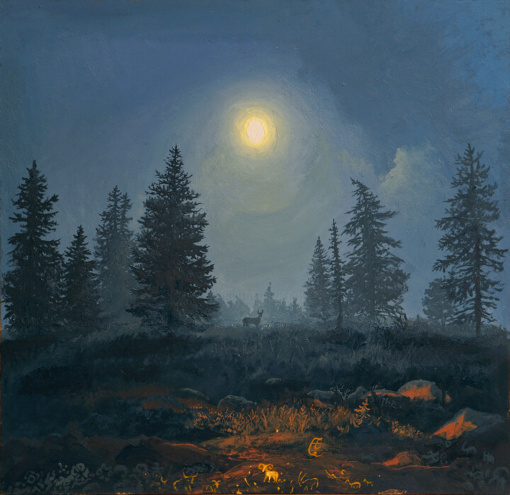 Pintura titulada "Туман, луна и оленё…" por Aleksandr Manoilenko, Obra de arte original, Oleo