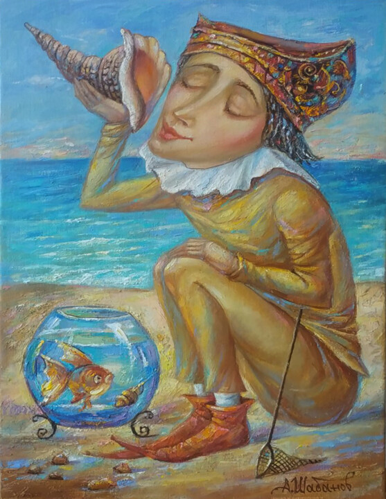 Картина под названием "Слушает море" - Александр Шабанов, Подлинное произведение искусства, Масло
