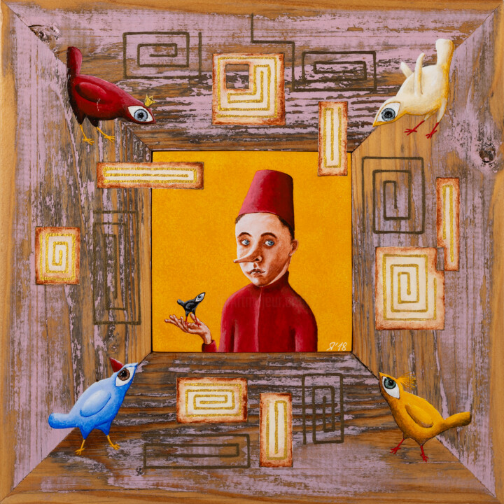 Painting titled "Boy with a bird." by Aleksandr Volkov, Original Artwork, Acrylic