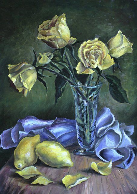 Schilderij getiteld "Цветы и лимоны" door Aleksandr Vasilev, Origineel Kunstwerk