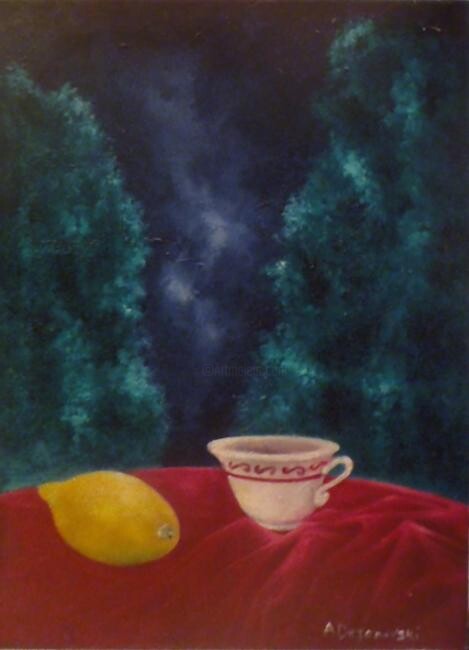 Painting titled "Lemon and a tea cup" by Aleksandra Dejanovski, Original Artwork, Oil