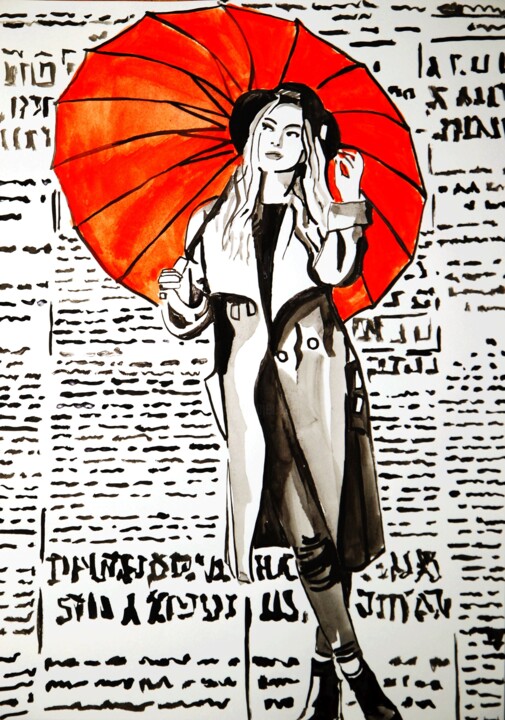 Drawing titled "Girl with a red umb…" by Alexandra Djokic, Original Artwork, Ink