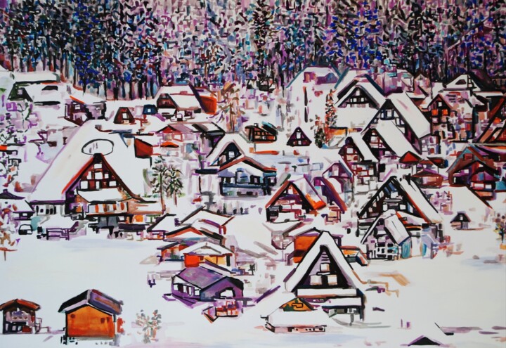 Painting titled "Winter Village 1" by Alexandra Djokic, Original Artwork, Watercolor