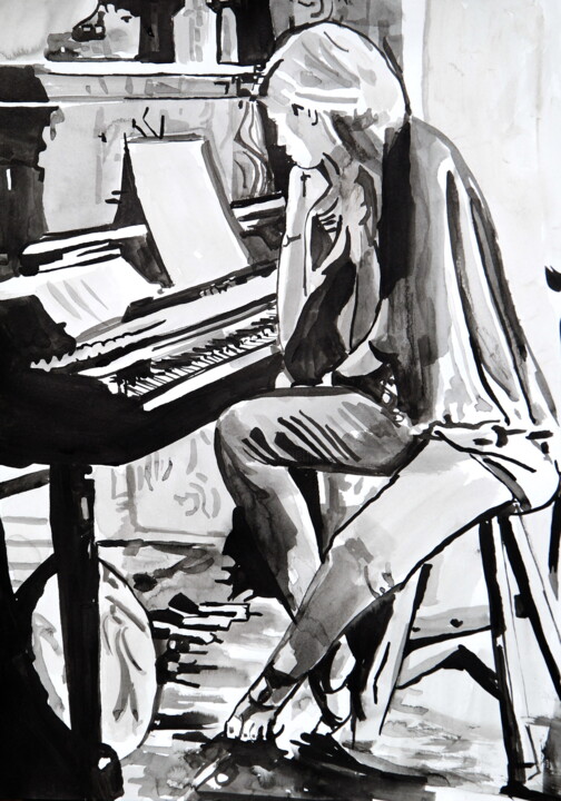 Painting titled "Woman play piano" by Alexandra Djokic, Original Artwork, Ink