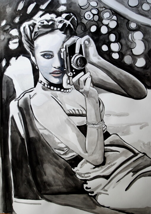 Σχέδιο με τίτλο "Girl with camera " από Alexandra Djokic, Αυθεντικά έργα τέχνης, Μελάνι