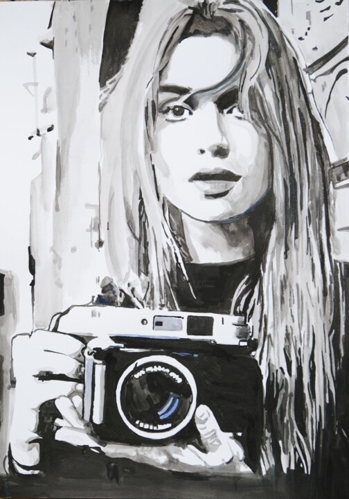 Drawing titled "Girl with camera" by Alexandra Djokic, Original Artwork, Ink