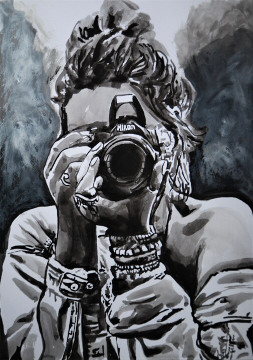 Drawing titled "Camera girl" by Alexandra Djokic, Original Artwork, Ink