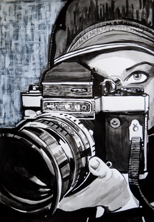 제목이 "Girl with camera /…"인 미술작품 Alexandra Djokic로, 원작, 잉크