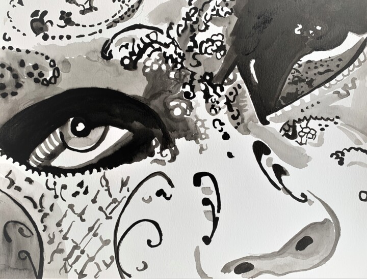 Dessin intitulée "Venetian mask " par Alexandra Djokic, Œuvre d'art originale, Encre