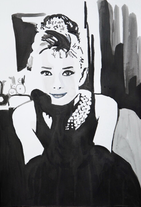 Desenho intitulada "Audrey Hepburn " por Alexandra Djokic, Obras de arte originais, Tinta