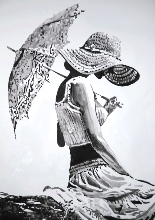 Desenho intitulada "Girl with umbrella " por Alexandra Djokic, Obras de arte originais, Tinta