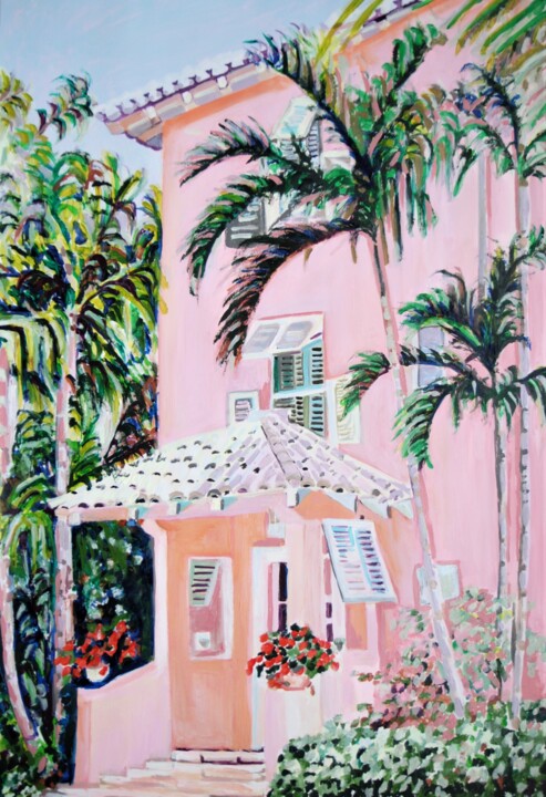 Painting titled "Pink house with pal…" by Alexandra Djokic, Original Artwork, Acrylic