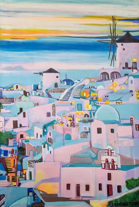 Schilderij getiteld "Santorini , Greece" door Alexandra Djokic, Origineel Kunstwerk, Acryl