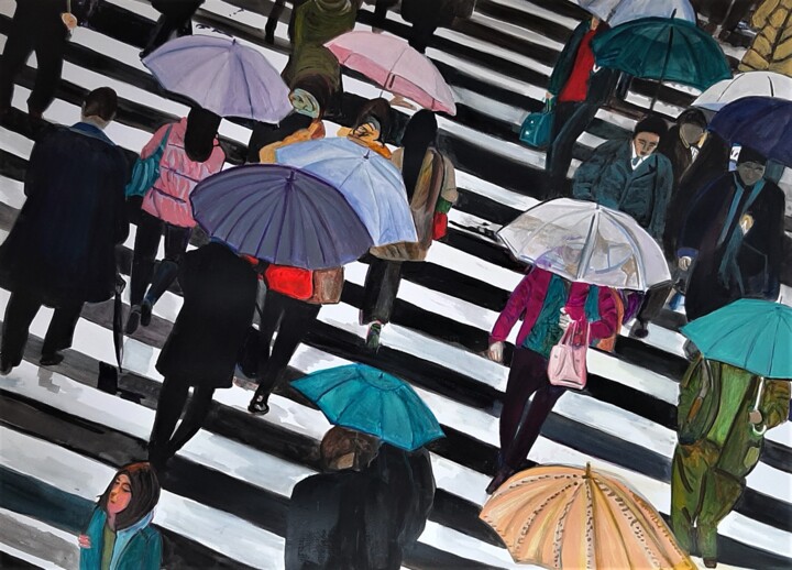 Painting titled "Rainy Street / 100…" by Alexandra Djokic, Original Art, Acrylic