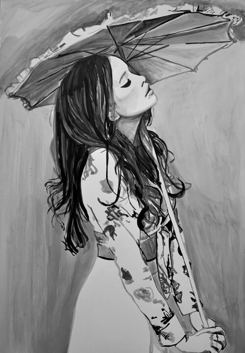 Dessin intitulée "Girl with umbrella…" par Alexandra Djokic, Œuvre d'art originale, Encre