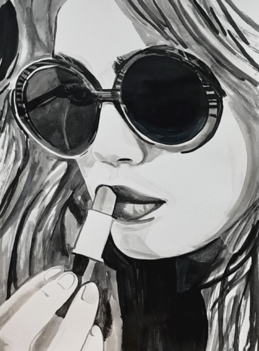 Dessin intitulée "Girl with lipstick…" par Alexandra Djokic, Œuvre d'art originale, Encre