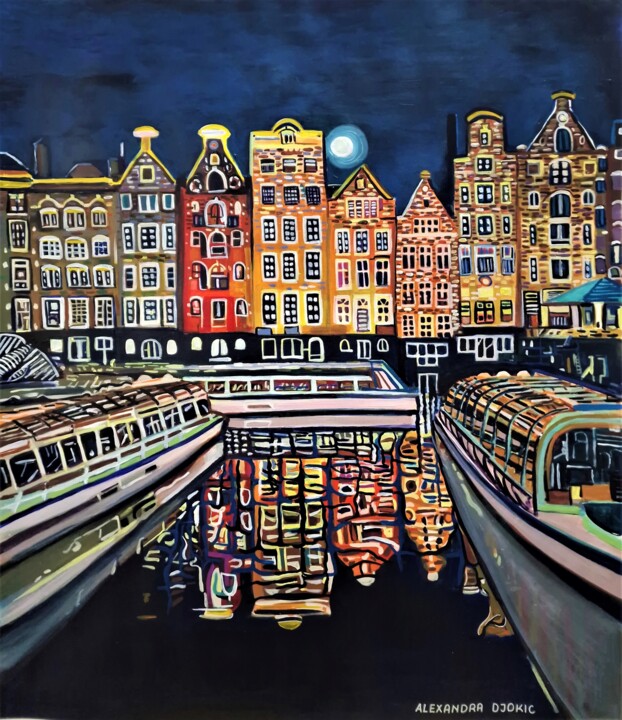 bagage Sobriquette telefoon Amsterdam At Night / 80,5 X 70 Cm, Painting by Alexandra Djokic | Artmajeur