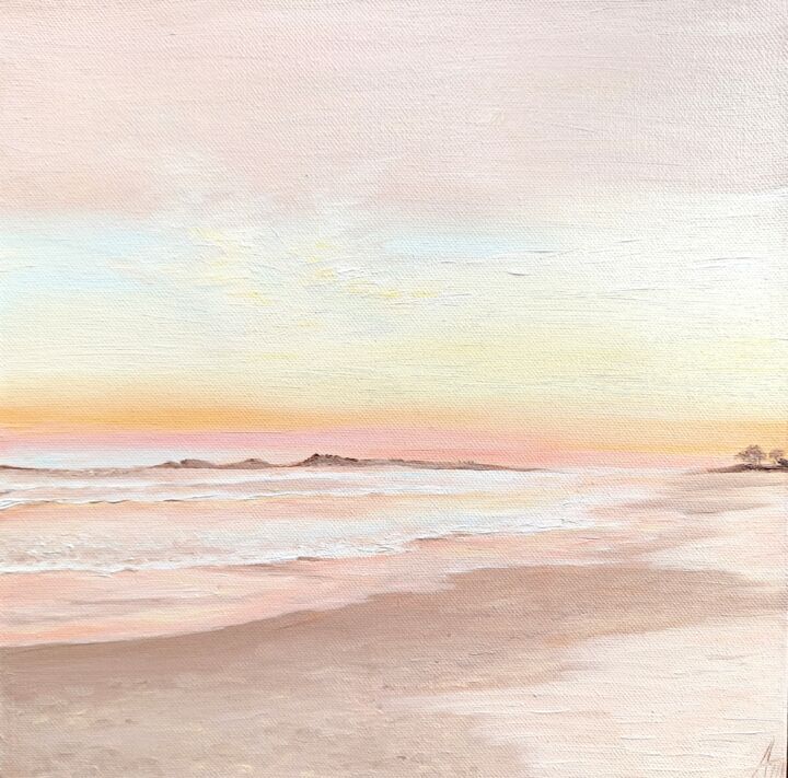 Painting titled "Orange sunrise. Sea…" by Aleksandra Kazantseva, Original Artwork, Oil