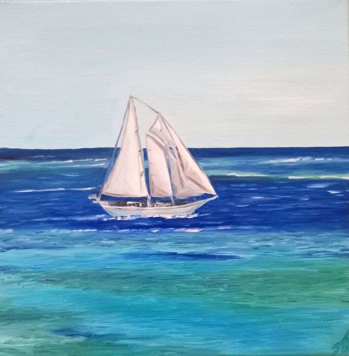 Painting titled "Sailboat painting.…" by Aleksandra Kazantseva, Original Artwork, Oil