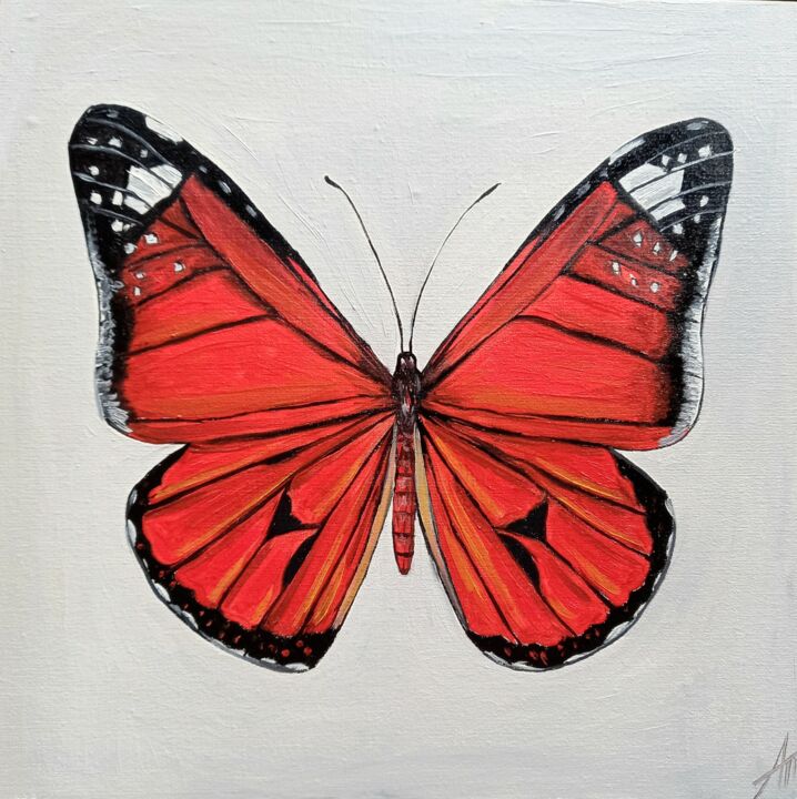 Painting titled "Red butterfly paint…" by Aleksandra Kazantseva, Original Artwork, Oil
