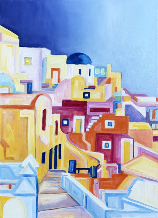 Malarstwo zatytułowany „View 01 - Santorini” autorstwa Aleksandra Krogulecka, Oryginalna praca, Olej
