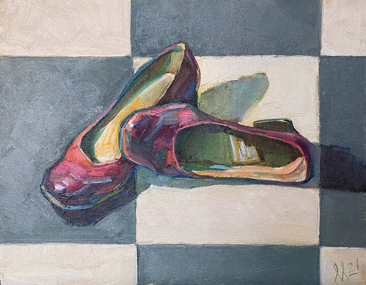 Painting titled "«Whose shoe?»  Ode…" by Aleksandra Manzha, Original Artwork, Oil Mounted on Cardboard