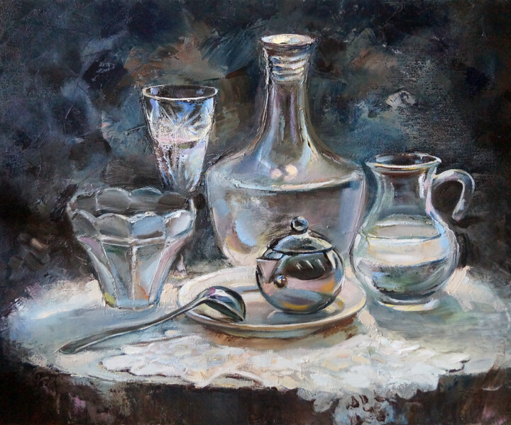 Malerei mit dem Titel "Old glass from the…" von Aleksandra Manzha, Original-Kunstwerk, Öl Auf Karton montiert