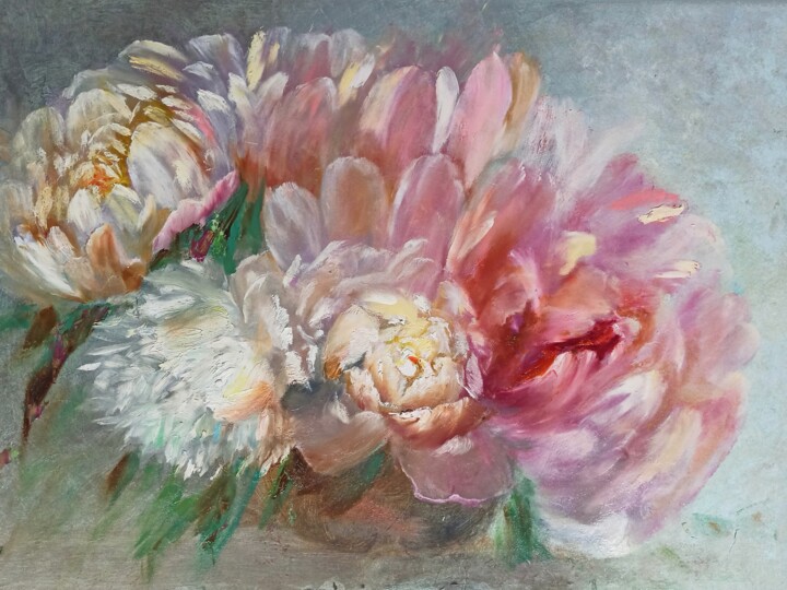 Malerei mit dem Titel "White and pink peon…" von Aleksandra Portenko, Original-Kunstwerk, Öl