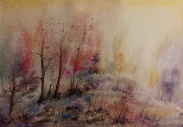 Schilderij getiteld "Misty landscape" door Aleksandra Portenko, Origineel Kunstwerk, Aquarel