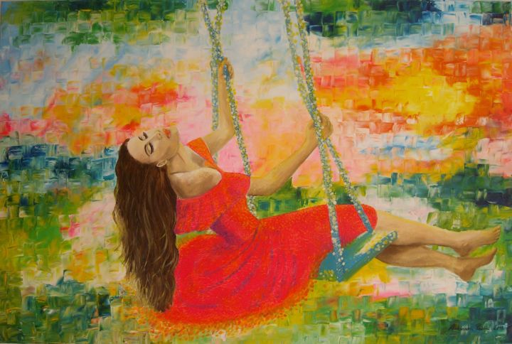 Painting titled "The Sunny Swing" by Aleksandra Raišić, Original Artwork, Oil
