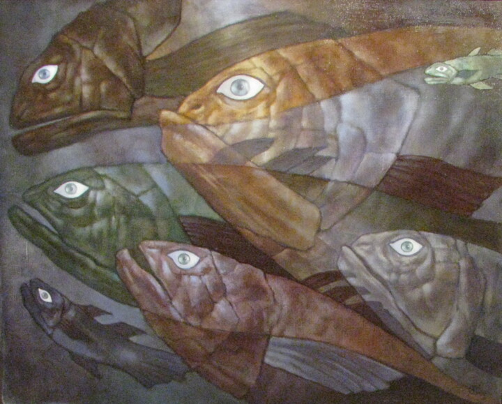Painting titled "Рыбы . Fishes" by Aleksandra Scastlivaa (A Makarova Schastlivaya), Original Artwork, Oil