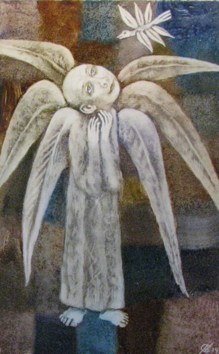 Картина под названием "Ангел и птичка . An…" - Александра Счастливая (A.Makarova-Schastlivaya), Подлинное произведение искус…