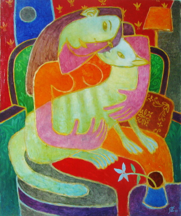 绘画 标题为“Women and a blue cat” 由Александра Счастливая (A.Makarova-Schastlivaya), 原创艺术品, 油