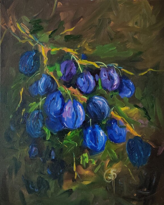 Painting titled "Home Plums" by Aleksandra Svetlichnaya, Original Artwork, Oil