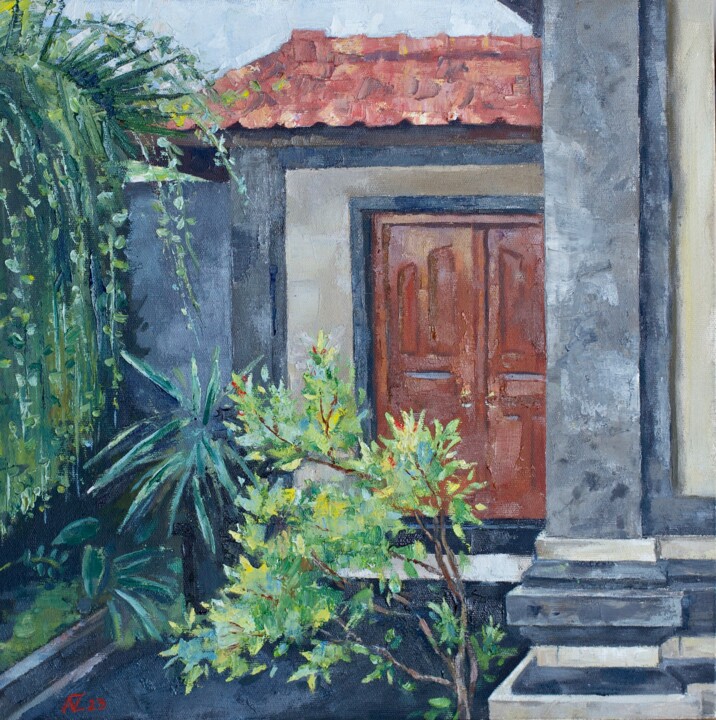 Картина под названием "Балийский дворик" - Aleksandra Zaika, Подлинное произведение искусства, Масло Установлен на Деревянна…