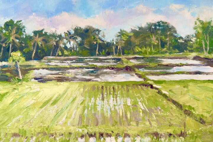 Картина под названием "Рисовые поля, Бали" - Aleksandra Zaika, Подлинное произведение искусства, Масло Установлен на Деревян…