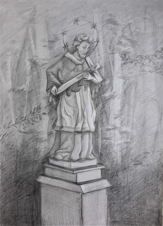 Rysunek zatytułowany „Św. Jan Nepomucen” autorstwa Aleksandra Waluk, Oryginalna praca, Ołówek
