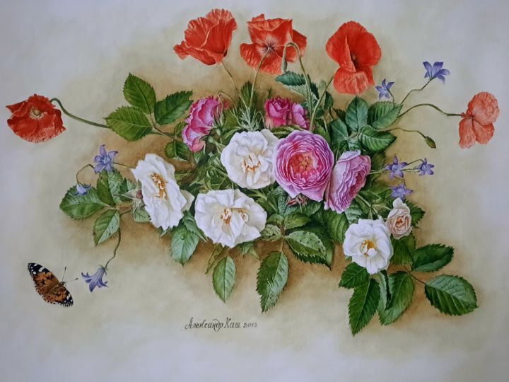 Painting titled "Розы и маки" by Aleksandr Kashliavik, Original Artwork, Watercolor