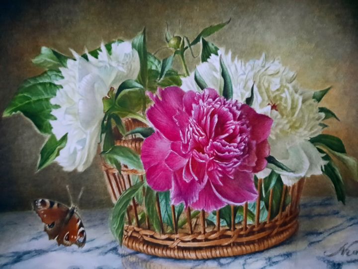 Painting titled "Корзина с пионами н…" by Александр Кашлявик, Original Art, Watercolor