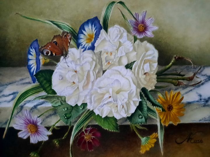 Painting titled "Розы на мраморе" by Aleksandr Kashliavik, Original Artwork, Watercolor