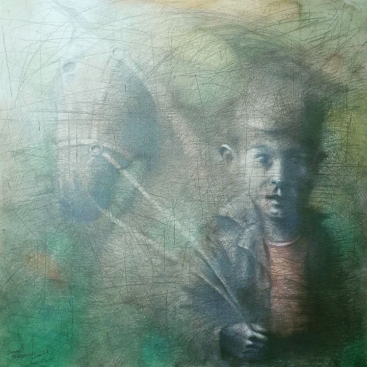 Картина под названием "A boy with a horse" - Sasha Tsyganov, Подлинное произведение искусства, Масло Установлен на Деревянна…