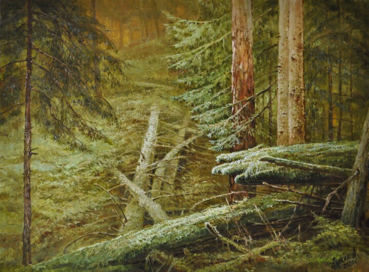 Painting titled "Где дремлет тайна" by Aleksei Anikin, Original Artwork, Oil Mounted on Wood Stretcher frame