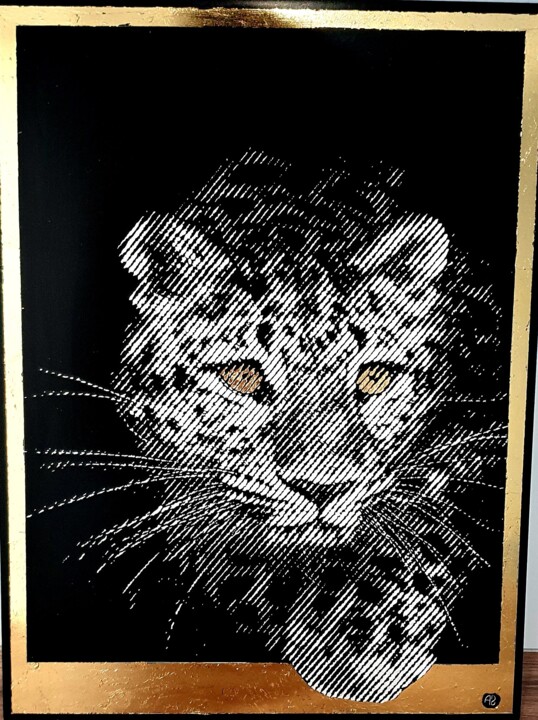 Printmaking titled "⚜️ Leopard ⚜️" by Aleksei Zhdanov, Original Artwork, Embossing Mounted on Wood Stretcher frame