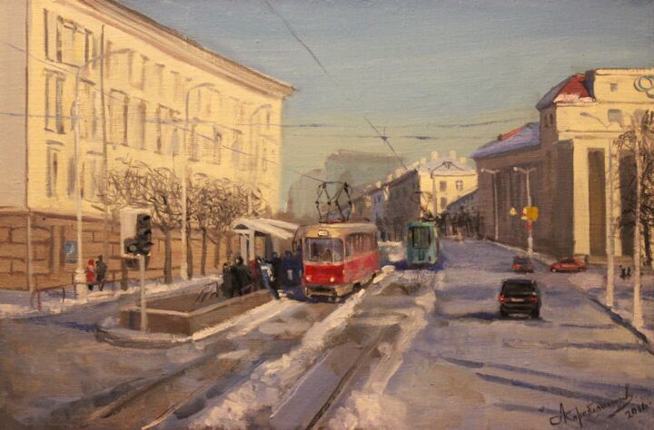 Картина под названием "Минск. Зима. Долгож…" - Aleksey Korabelnikov, Подлинное произведение искусства, Масло