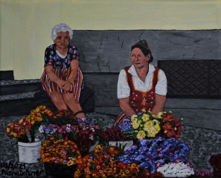 Pintura intitulada "Blumenverkauf in de…" por Alena Drisner, Obras de arte originais, Acrílico