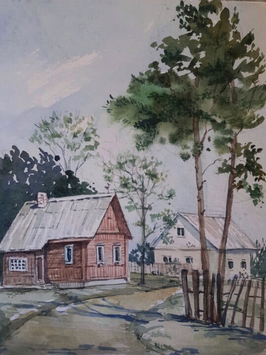 Painting titled "Деревня" by Alena Karpowa, Original Artwork, Watercolor