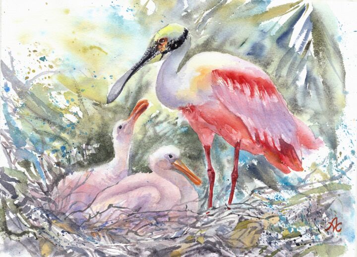 Peinture intitulée "Roseate Spoonbill w…" par Alena Masterkova, Œuvre d'art originale, Aquarelle