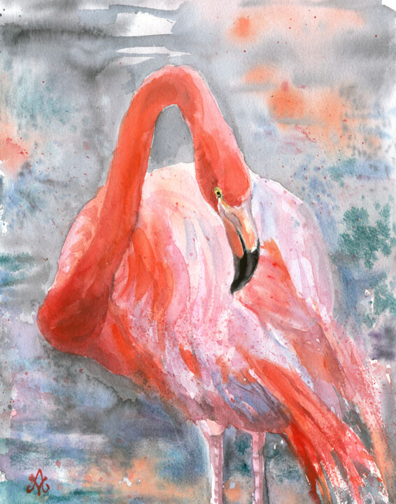 Painting titled "Flamingo" by Alena Masterkova, Original Artwork, Watercolor