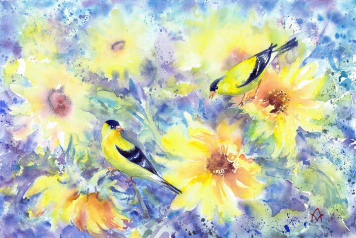 Painting titled "Sunflowers and birds" by Alena Masterkova, Original Artwork, Watercolor